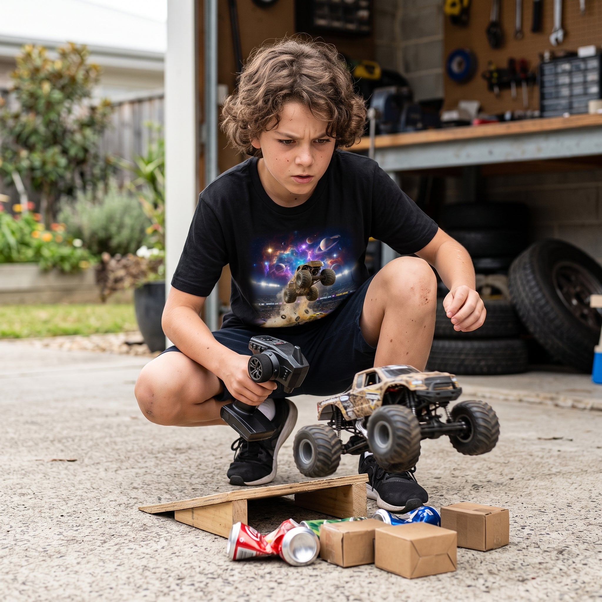 Orbit Crusher Truck Youth T-Shirt   Cosmic Monster Truck Graphic Tee