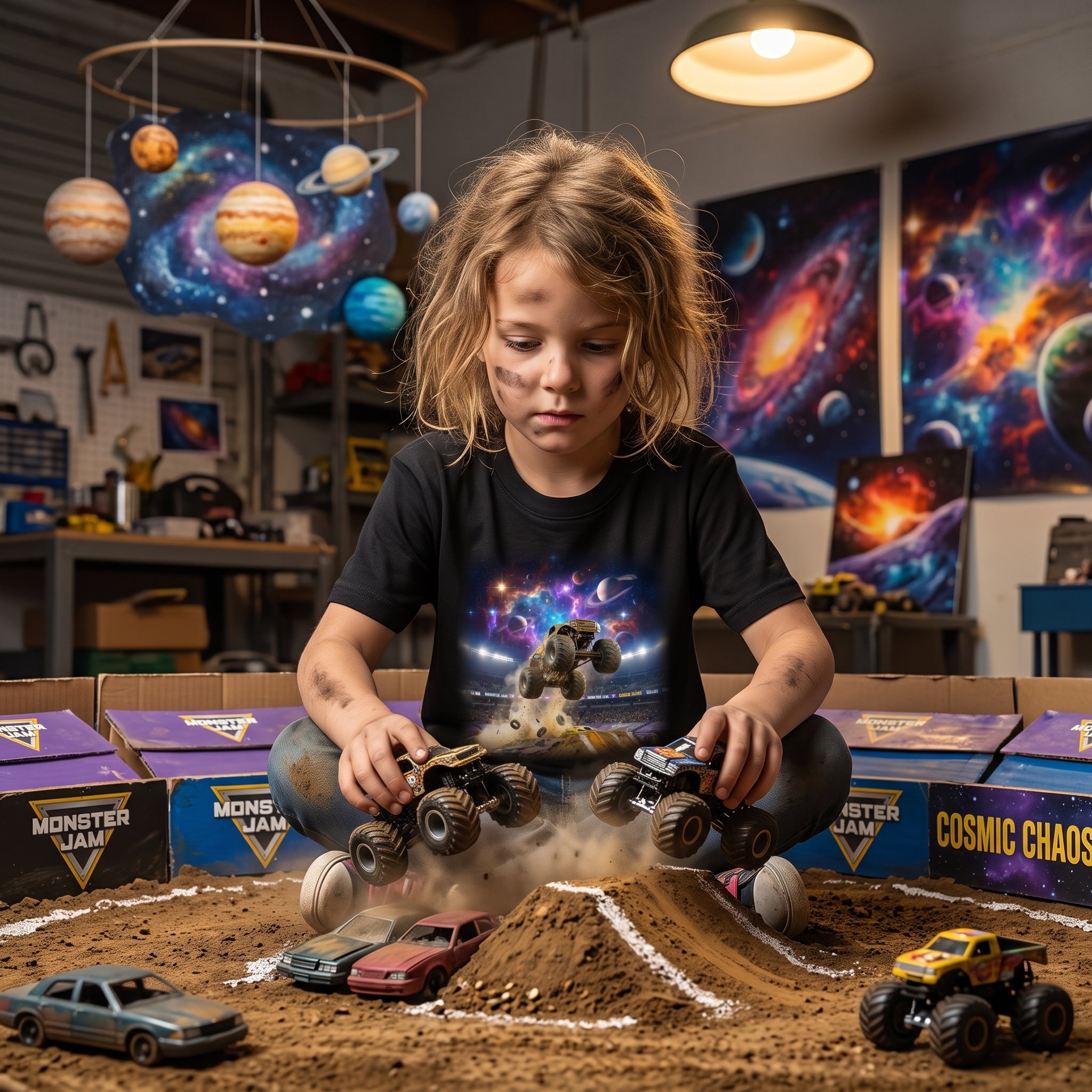 Planet Crusher Truck Youth T-Shirt  Cosmic Monster Truck Graphic Tee