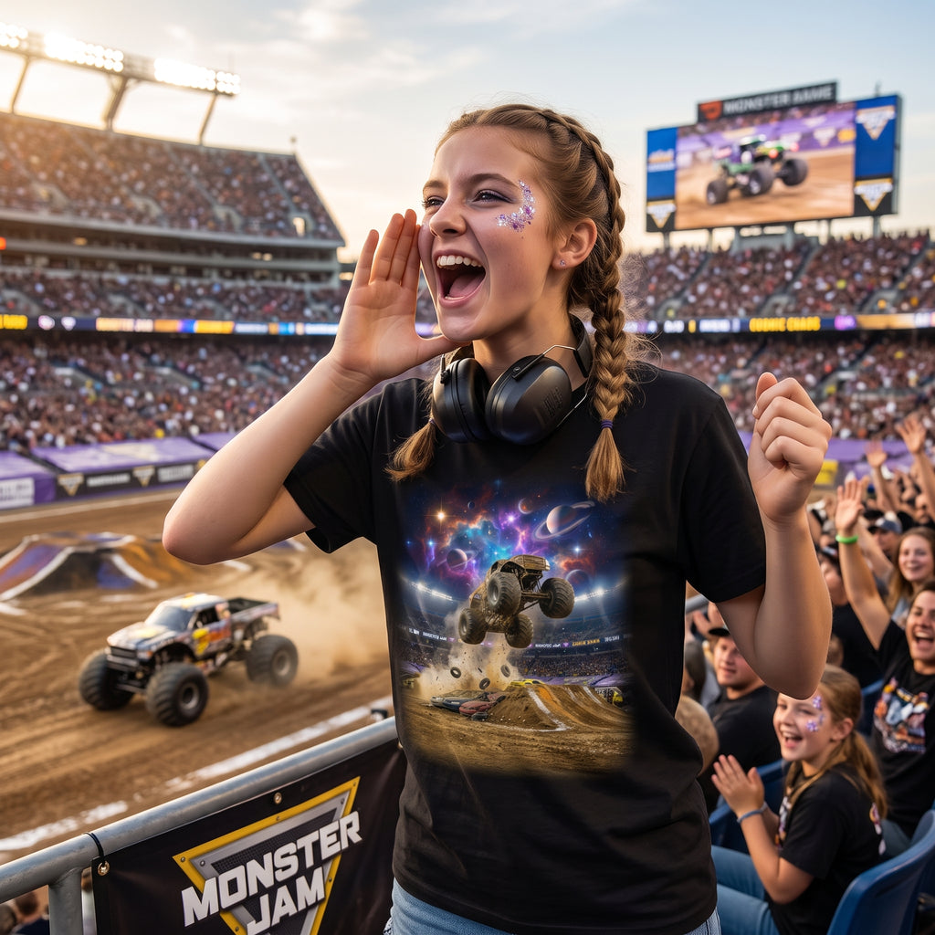 Orbit Crusher Truck Youth T-Shirt   Cosmic Monster Truck Graphic Tee