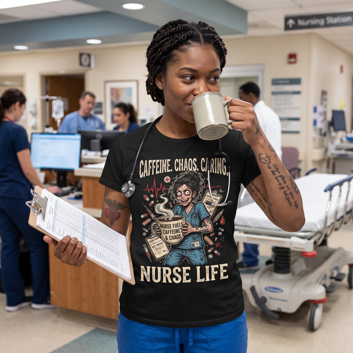 Caffeine. Chaos. Caring. T-shirt