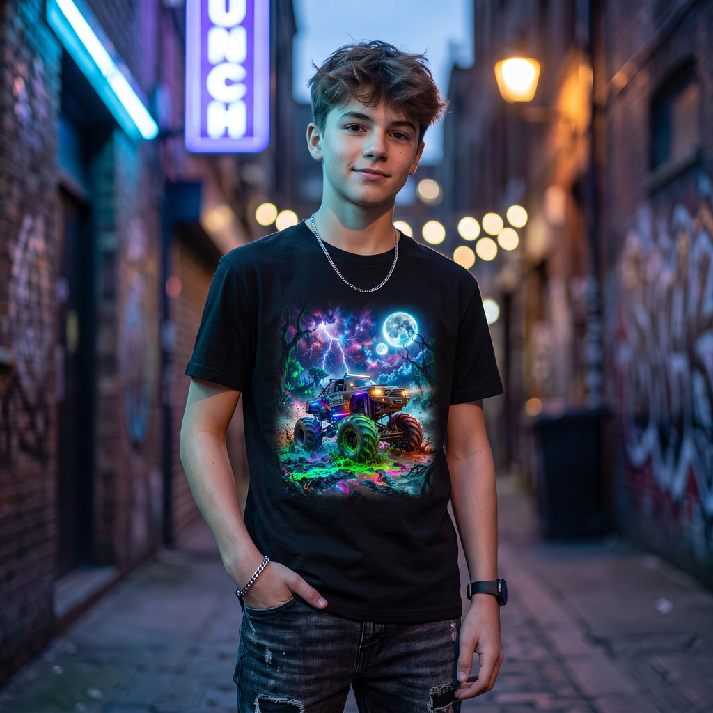 Cosmic Thunder Truck Youth T-Shirt   Cosmic Monster Truck Graphic Tee