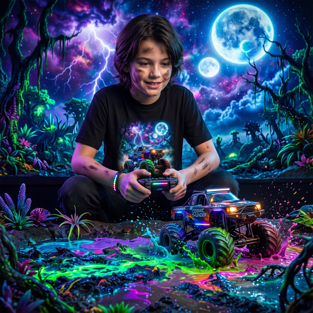 Cosmic Thunder Truck Youth T-Shirt   Cosmic Monster Truck Graphic Tee