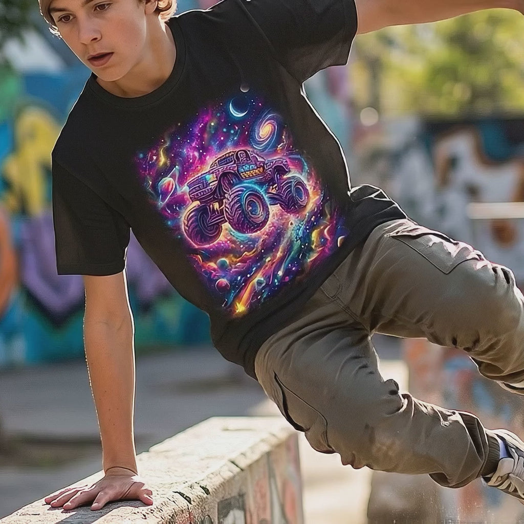 Nebula Crusher Truck Youth T-Shirt   Cosmic Monster Truck Graphic Tee